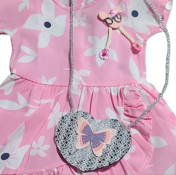 Toddler Girls Pink/White Floral Dress With Matching Bag & Polka-dot Yellow Dress - Picture 3 of 14